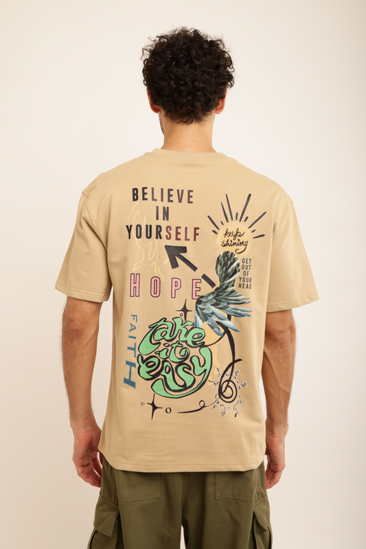 BELIEVE & TAKE IT EASY BEIGE TEE