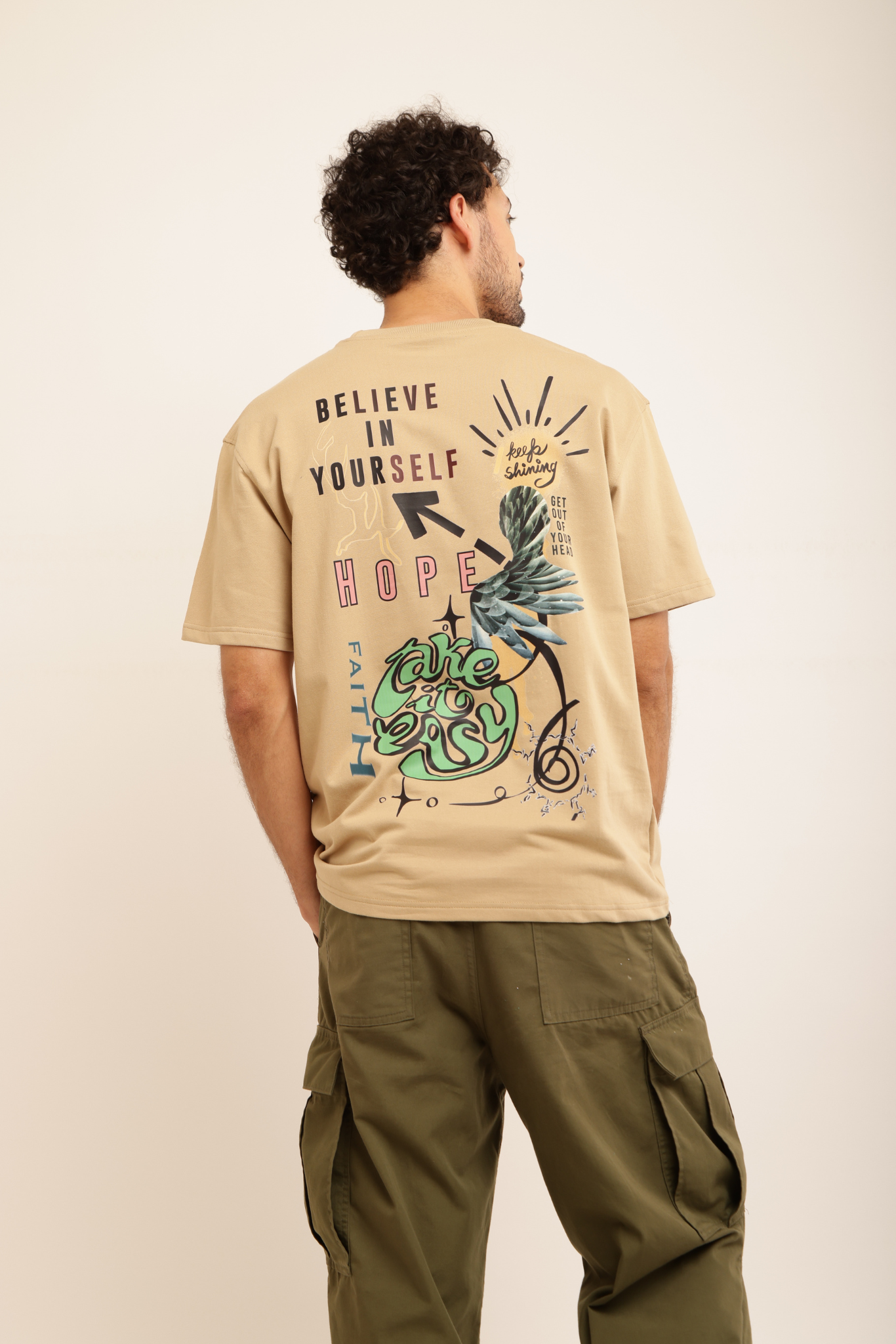 BELIEVE & TAKE IT EASY BEIGE TEE