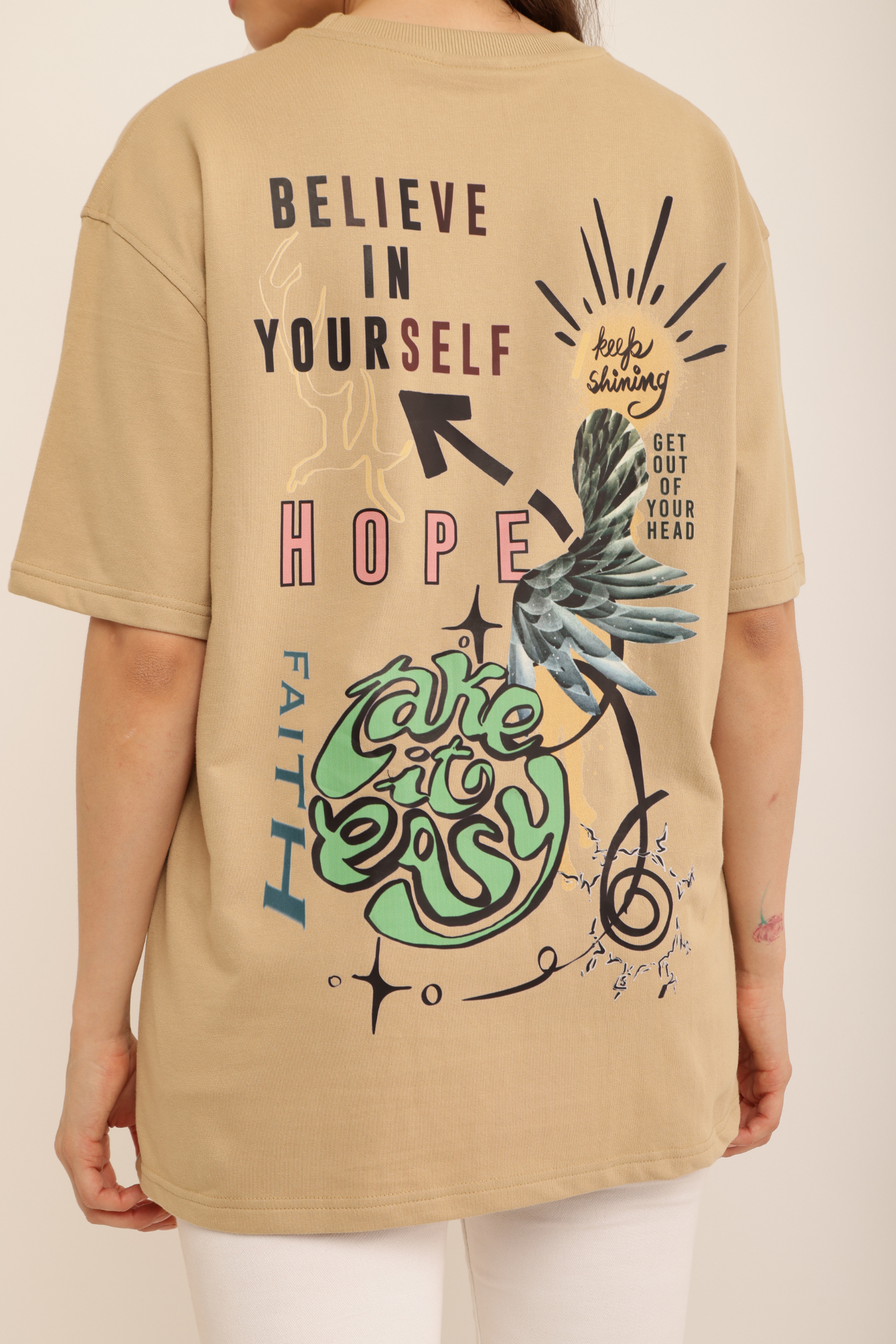 BELIEVE & TAKE IT EASY BEIGE TEE