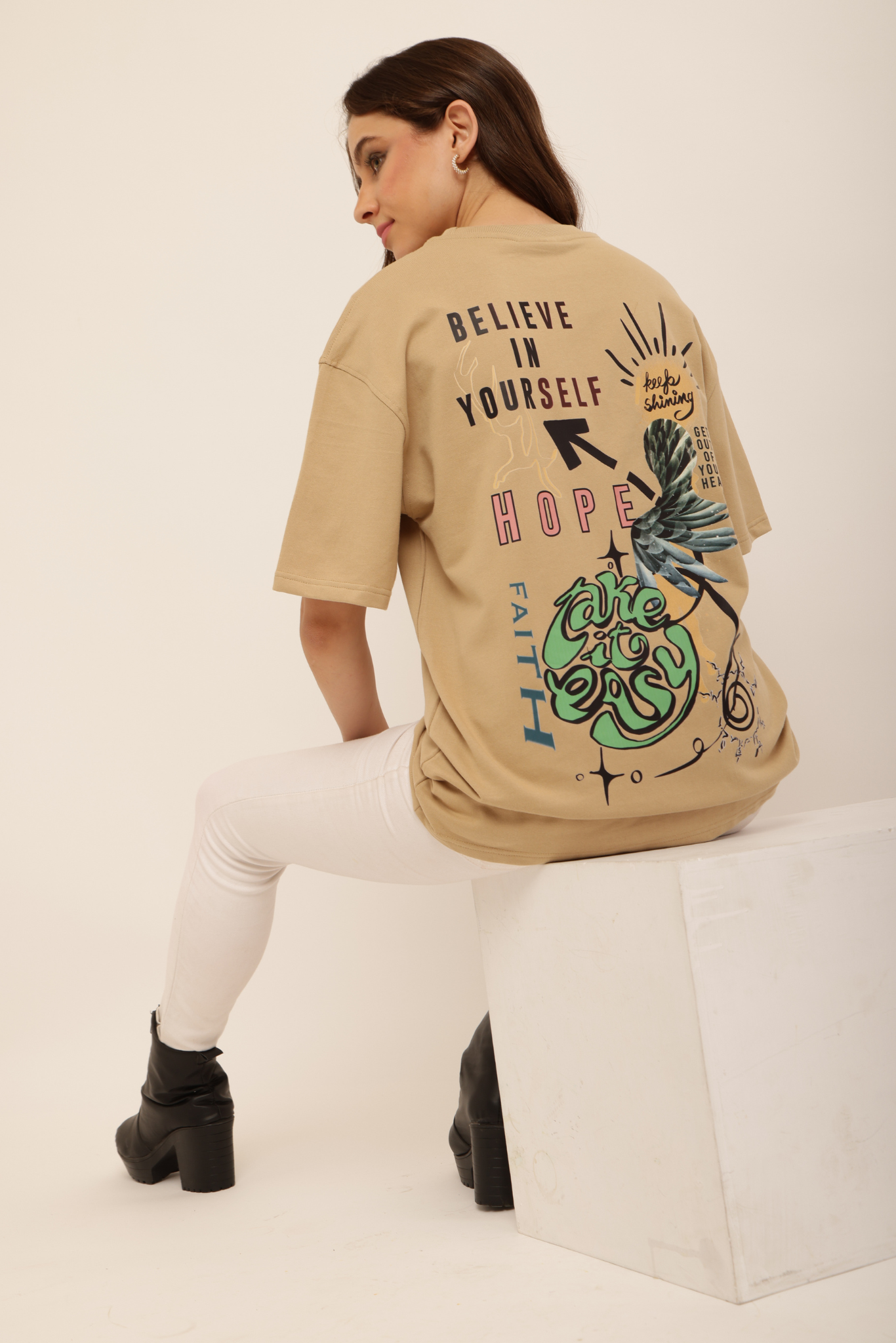 BELIEVE & TAKE IT EASY BEIGE TEE